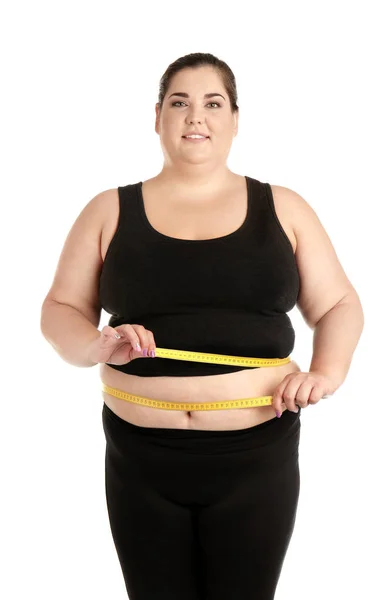 白い背景に測定テープと太りすぎの女性 — ストック写真