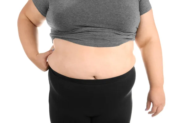 Übergewichtige Frau Auf Weißem Hintergrund Nahaufnahme — Stockfoto