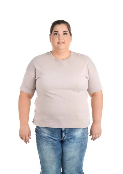 Portret Van Overgewicht Vrouw Witte Achtergrond — Stockfoto