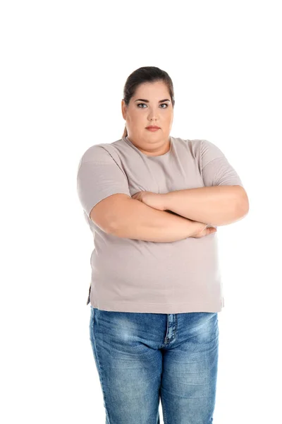 Retrato Mujer Con Sobrepeso Sobre Fondo Blanco —  Fotos de Stock