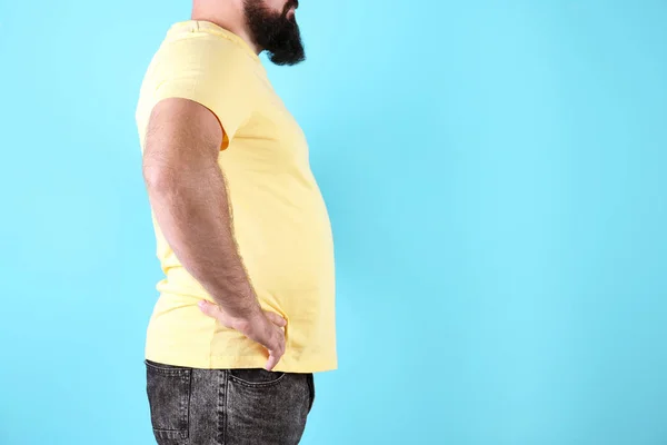 Homem Gordo Fundo Cor Espaço Para Texto Perda Peso — Fotografia de Stock