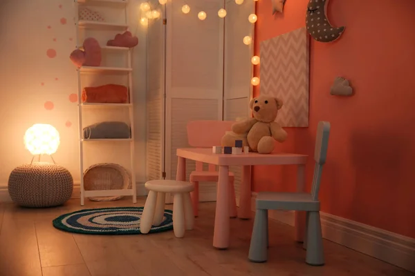 Wnętrza Pokoju Dziecka Nowoczesne Zabawki Ozdoby — Zdjęcie stockowe