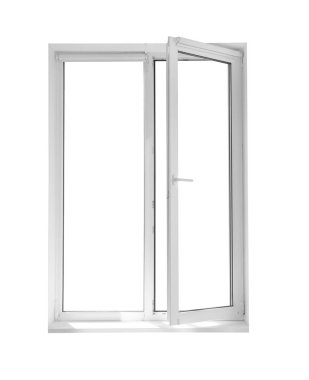 Beyaz arka plan üzerine açık Stor perde ile modern pencere