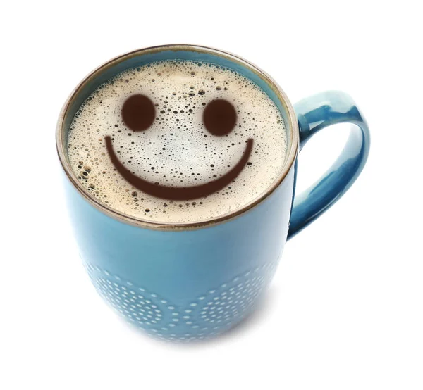 Tasse Délicieux Café Chaud Avec Mousse Sourire Sur Fond Blanc — Photo