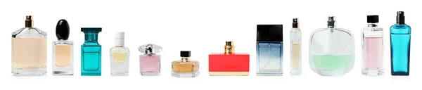 Set Different Blank Perfume Bottles White Background — Stock Photo, Image