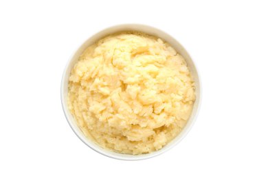 Beyaz arka planda, üstten görünüm patates püresi ile kase