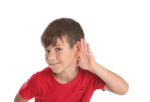 Menino Bonito Com Problema Audição Fundo Branco — Fotografia de Stock