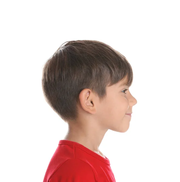Χαριτωμένο Μικρό Αγόρι Άσπρο Φόντο Πρόβλημα Ακοής — Φωτογραφία Αρχείου