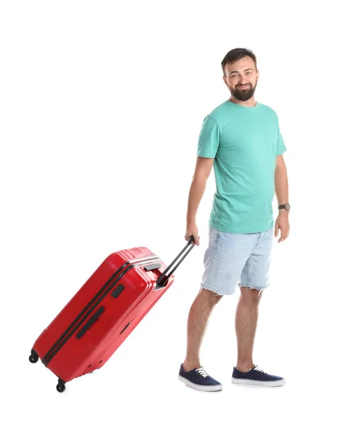 Mann Mit Koffer Auf Weißem Hintergrund Urlaubsreise — Stockfoto