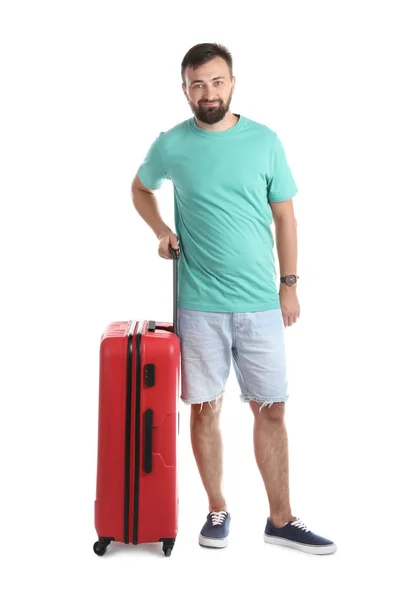 Mann Mit Koffer Auf Weißem Hintergrund Urlaubsreise — Stockfoto