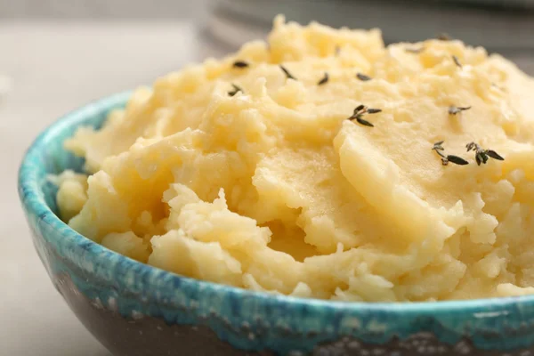 Bowl Tasty Mashed Potato Table Closeup — Stock Photo, Image