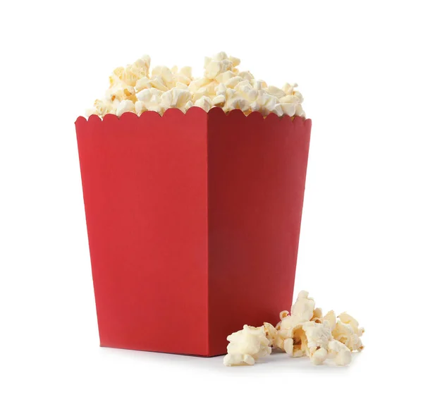 Roter Eimer Mit Leckerem Popcorn Auf Weißem Hintergrund — Stockfoto