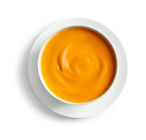 Deliciosa Sopa Crema Calabaza Tazón Sobre Fondo Blanco Vista Superior — Foto de Stock