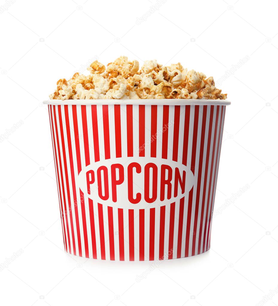 Carton bucket with delicious fresh popcorn on white background