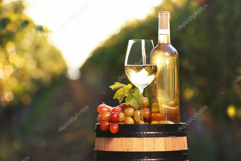 Composition with wine and ripe grapes on barrel outdoors. Space for text