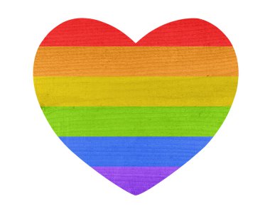 Kalp şekli sembolü Ahşap dokulu Lgbt bayrak renkleri beyaz zemin üzerine boyanmış. Eşcinsel gurur