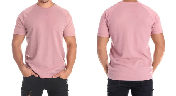 Man Lege Roze Shirt Witte Achtergrond Voorkant Achterkant Uitzicht Bespotten — Stockfoto