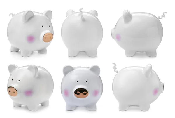 Conjunto Com Banco Porquinho Diferentes Vistas Sobre Fundo Branco — Fotografia de Stock