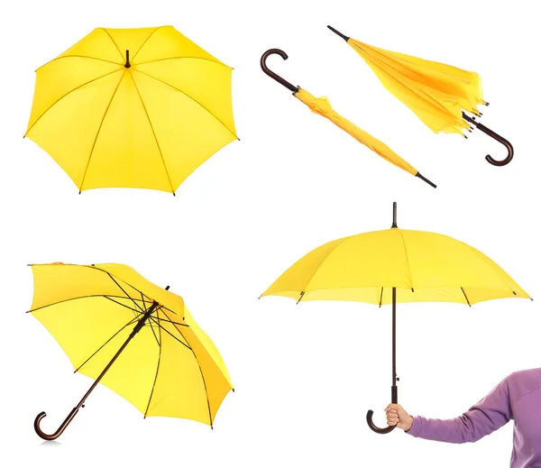 Sada Elegantní Žlutý Deštník Různých Pohledů Bílém Pozadí — Stock fotografie