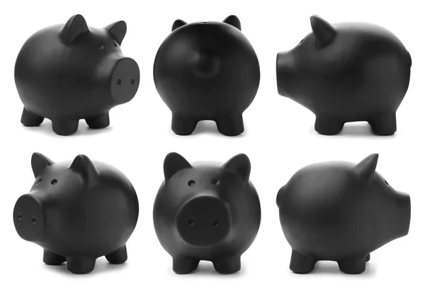 Set Black Piggy Bank Different Views White Background — Stock Photo, Image