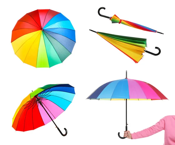 Set Con Elegante Paraguas Arco Iris Diferentes Vistas Sobre Fondo — Foto de Stock