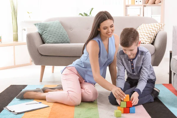 Child Psychologist Boy Playing Cubes Office — Stock Photo, Image