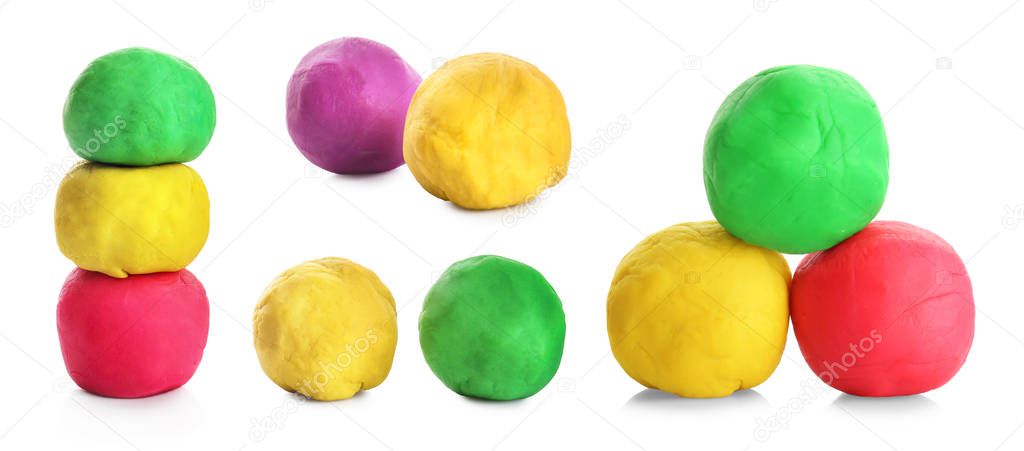 Set of colorful play dough on white background