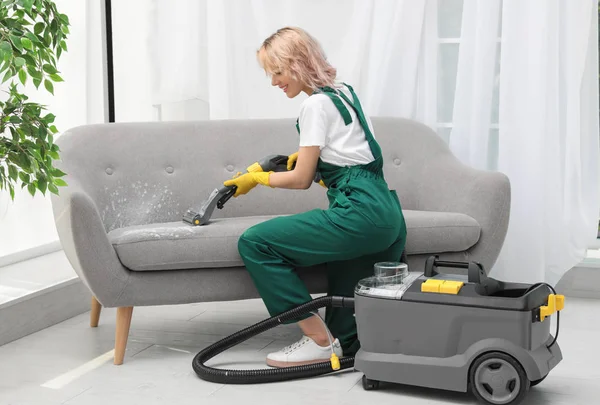 Female Janitor Removing Dirt Sofa Upholstery Cleaner Room — Stock Photo, Image