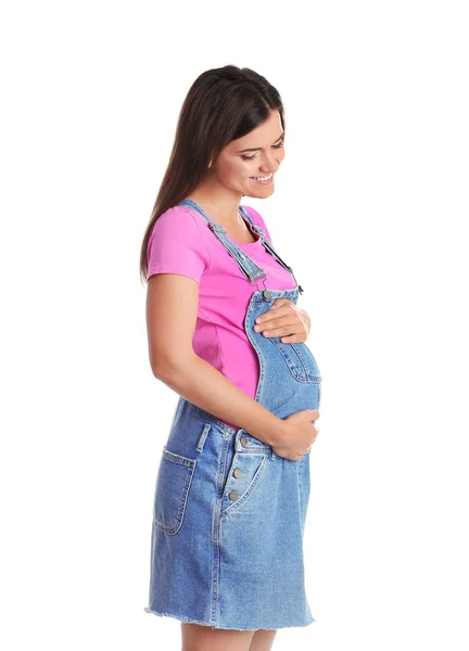 Mujer Embarazada Feliz Posando Sobre Fondo Blanco —  Fotos de Stock