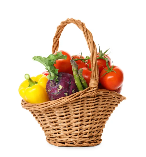 Fresh Ripe Vegetables Wicker Basket White Background — Stock Photo, Image