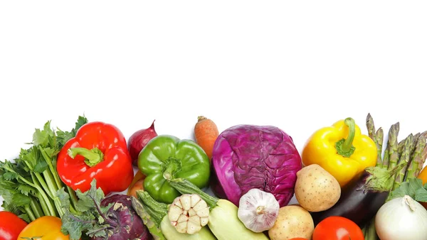 Muchas Verduras Frescas Maduras Sobre Fondo Blanco Vista Superior Espacio — Foto de Stock