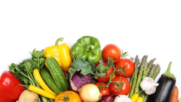 Muchas Verduras Frescas Maduras Sobre Fondo Blanco Vista Superior Espacio —  Fotos de Stock