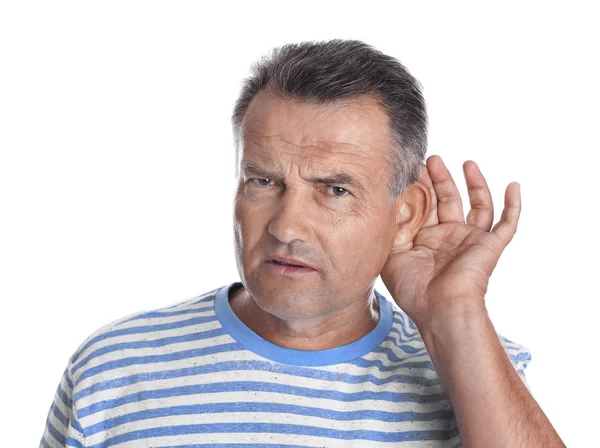 Dojrzały Mężczyzna Problemami Słuchem Białym Tle — Zdjęcie stockowe