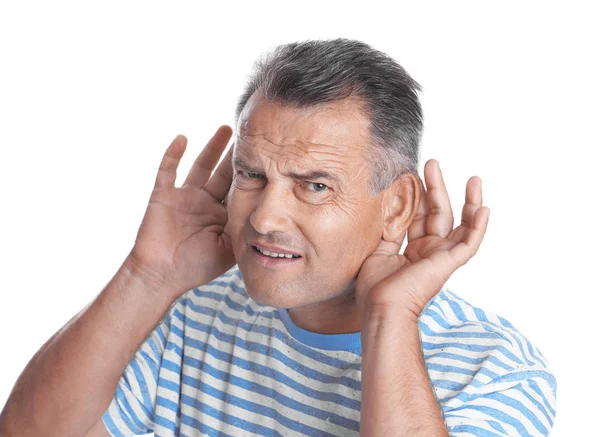 Mature Man Hearing Problem White Background — Stock Photo, Image
