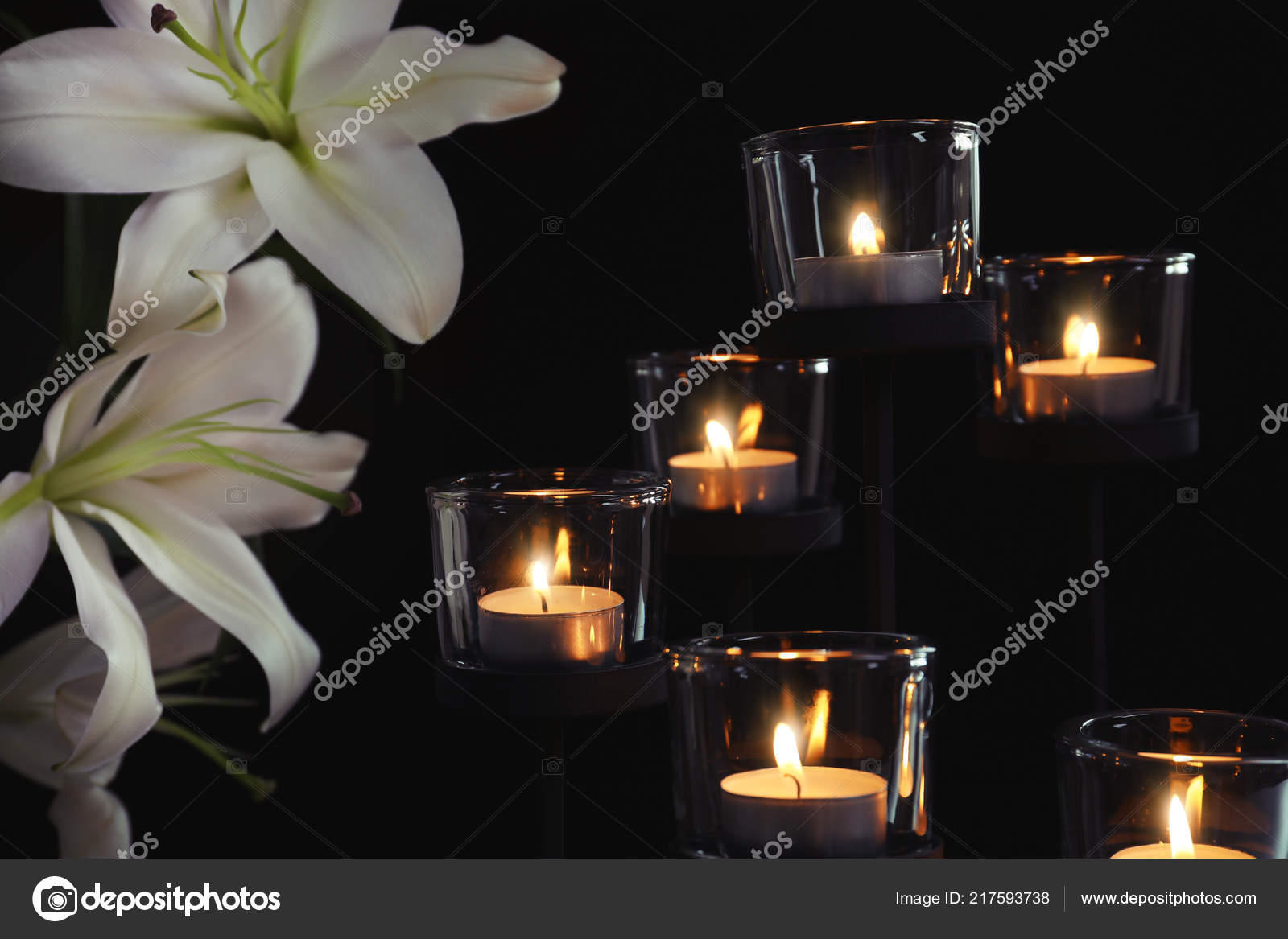 Burning Candles Flowers Dark Background Funeral Symbol Stock Photo by
