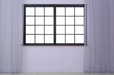 Pencere ve açık perdeleri boş oda. Ev iç