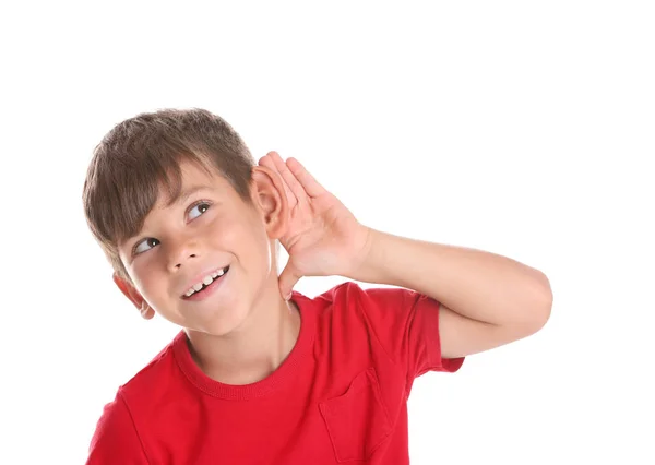 Schattige Kleine Jongen Met Hoorzitting Probleem Witte Achtergrond — Stockfoto