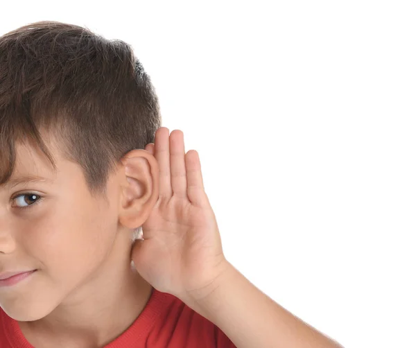 Lindo Niño Pequeño Con Problemas Audición Sobre Fondo Blanco Primer — Foto de Stock