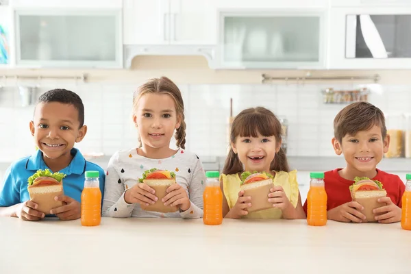 Children Sitting Table Eating Healthy Food Break School — Stock Photo, Image