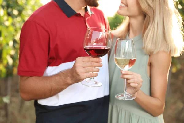 Jovem Casal Segurando Copos Vinho Vinha — Fotografia de Stock