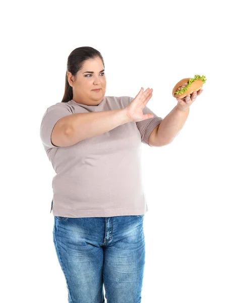 Overweight Woman Hamburger White Background — Stock Photo, Image