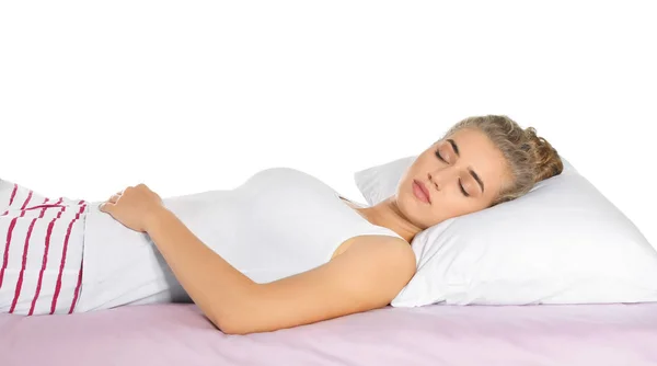 Schöne Frau Schläft Mit Bequemen Kissen Auf Dem Bett Vor — Stockfoto