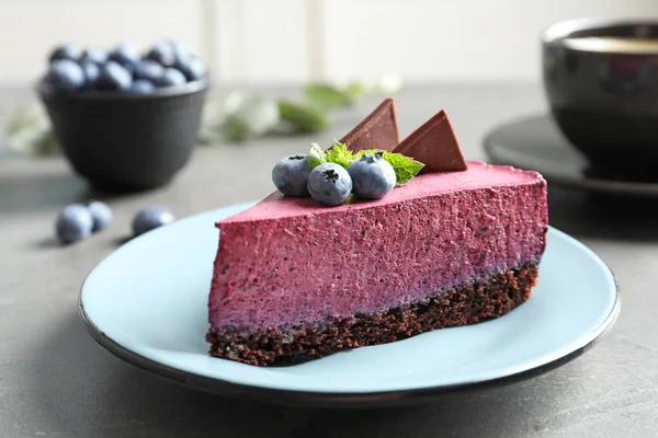 Plate Piece Tasty Blueberry Cake Gray Table — Stock Photo, Image