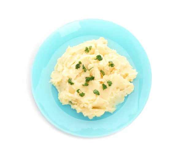 Assiette Avec Savoureux Purée Pommes Terre Sur Fond Blanc Vue — Photo