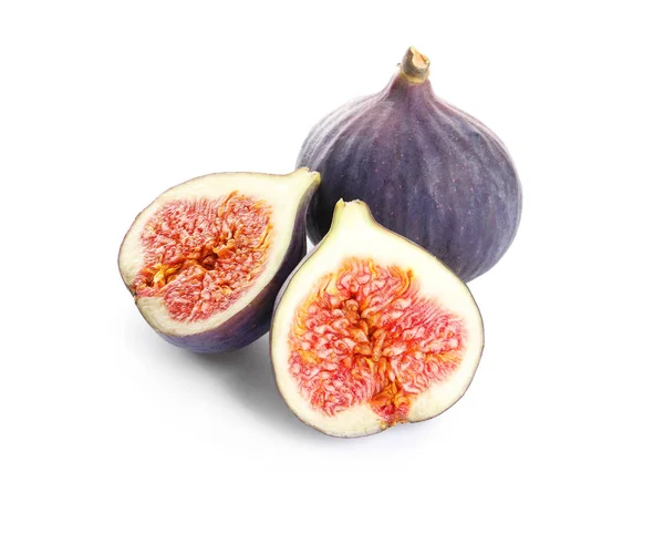 Figues Violettes Entières Coupées Sur Fond Blanc — Photo