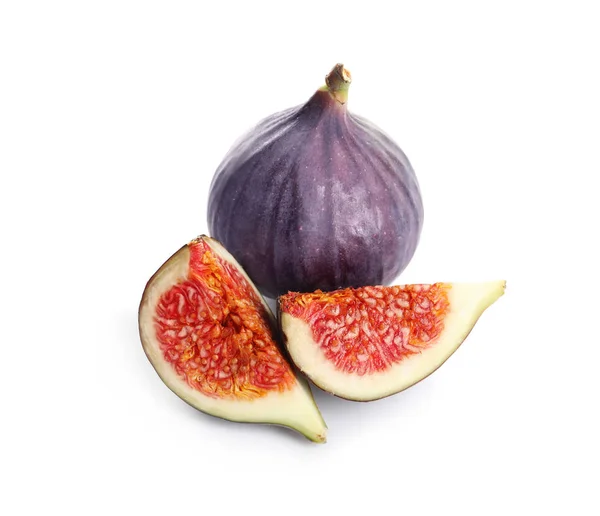 Figues Violettes Entières Coupées Sur Fond Blanc — Photo