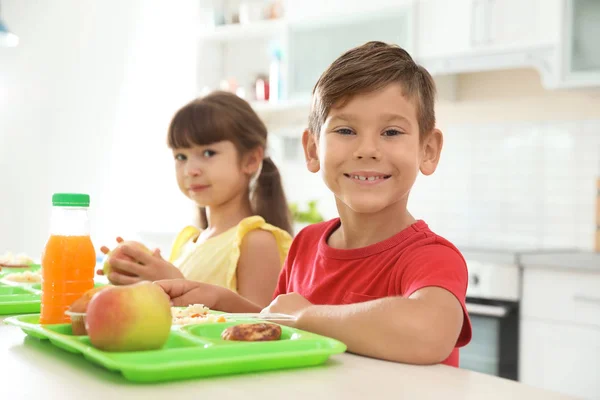 Children Sitting Table Eating Healthy Food Break School Stock Picture