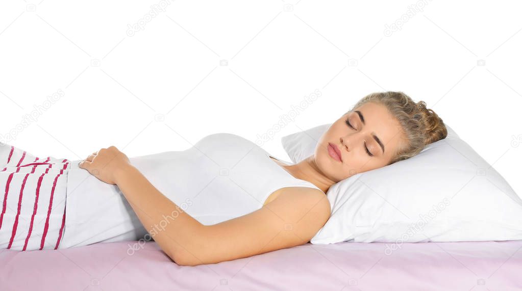 Beautiful woman sleeping with comfortable pillow on bed against white background