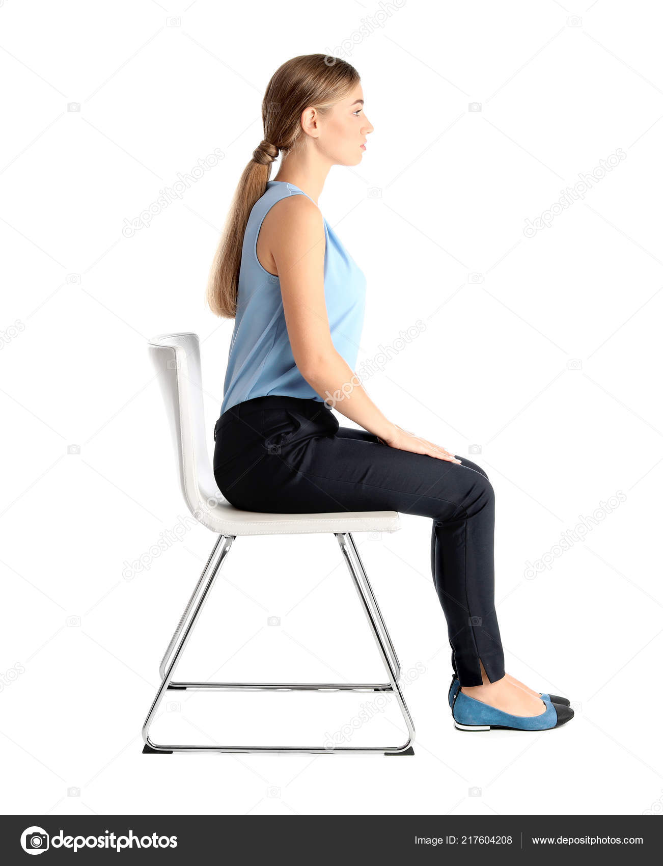 Woman Sitting Chair White Background Posture Concept Stock Photo by  ©NewAfrica 217604208