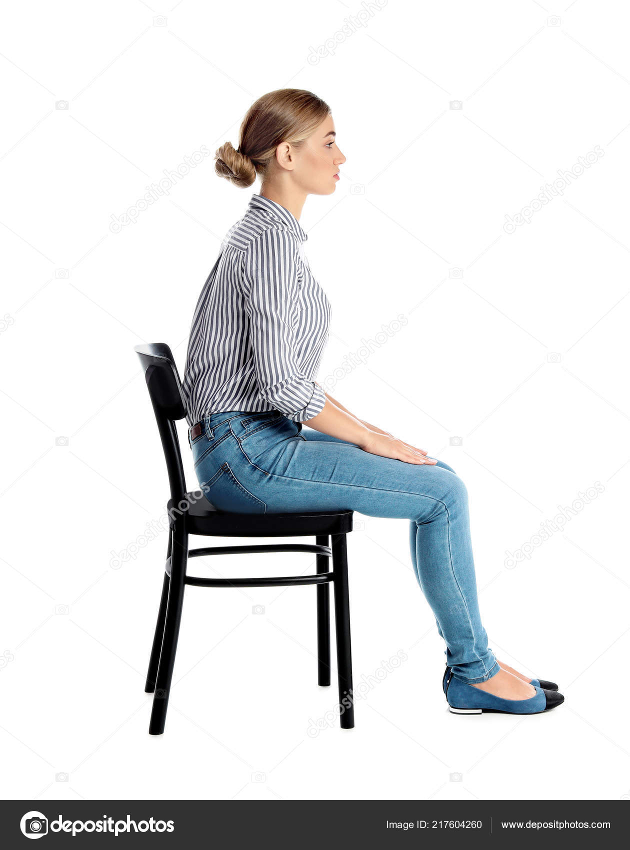 Woman Sitting Chair White Background Posture Concept Stock Photo by  ©NewAfrica 217604260